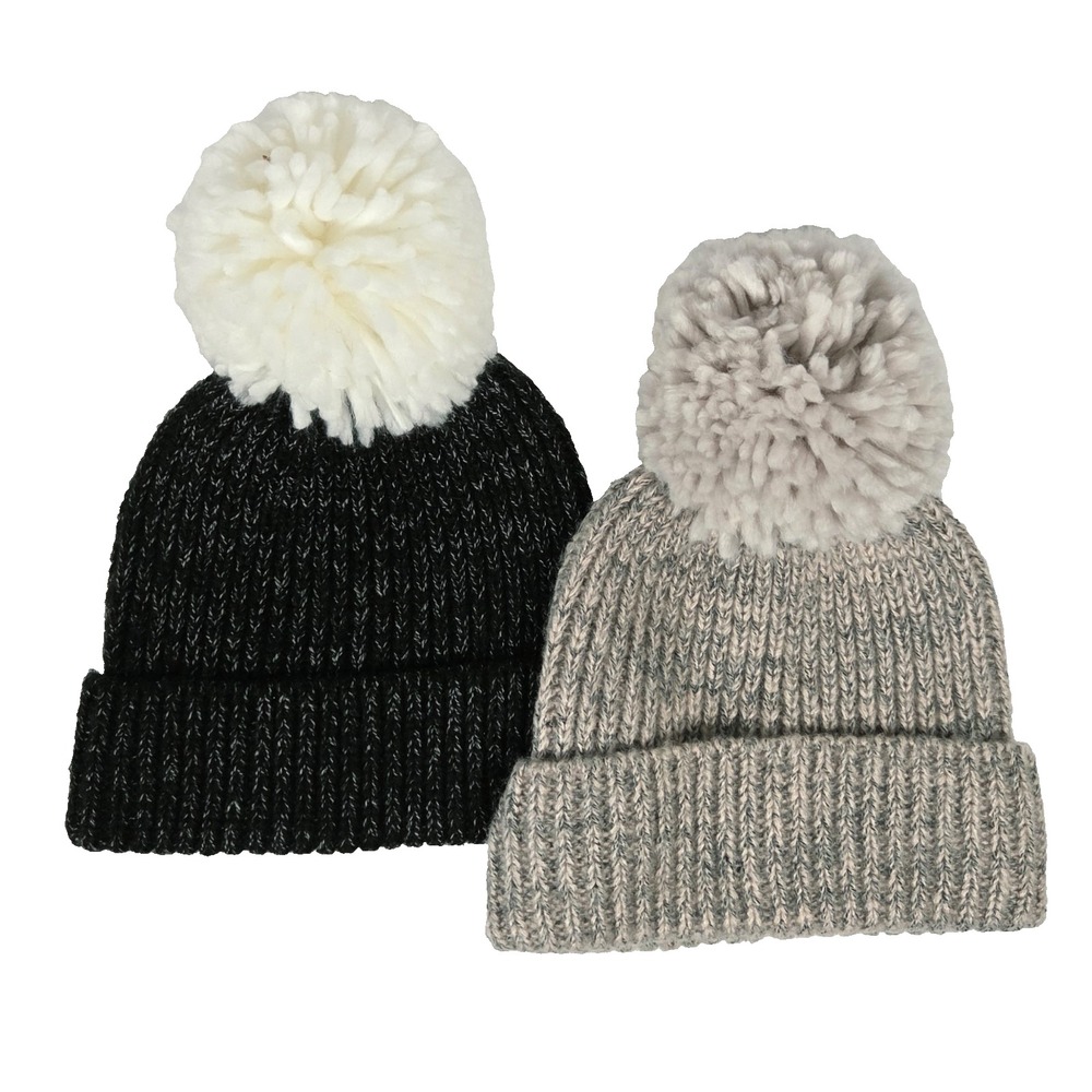 Lord & Taylor Ribbed Knit Beanie Hats Set of 2 Winter Pom Pom Caps Cozy Lot